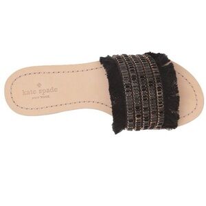 Kate Spade New York Solaina Slide Black Canvas Raffia Fringe Beaded Sandal Sz 9